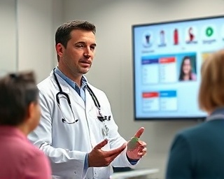 pharmacist, knowledgeable expression, conducting webinar on medication usage, photorealistic, backdrop featuring pharmacy branding, highly detailed, participants engaging virtually, ultra high definition, balanced colors, studio lighting, shot with a 70-200mm lens