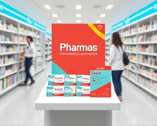 pharmacy branding material, innovative design, displayed on stand, photorealistic, background with pharmacy activity, highly detailed, people noticing promotional items, super high resolution, bold colors, even lighting, shot with a 50mm lens