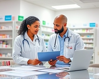 pharmacist team, collaborative expression, discussing marketing strategy, photorealistic, modern pharmacy office with branding elements, highly detailed, charts and laptops on table, ultra sharp resolution, neutral colors, diffused office lighting, shot with a 24mm lens