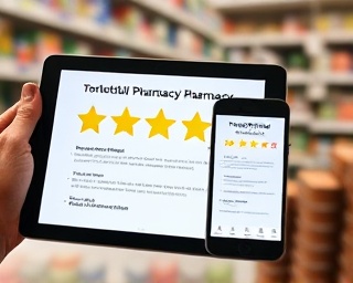 trustworthy pharmacy rating, underscoring satisfaction levels, portraying digital ratings, photorealistic, tablet and phone screens with star ratings, highly detailed, engaged user interface, highly focused image, clean colors, indirect lighting, shot with a 50mm lens