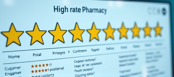 high-rated pharmacy rating, emphasizing high scores, illustrating rating system, photorealistic, ratings board with star icons and comments, highly detailed, visible customer engagement, precise imagery, cool colors, directional lighting, shot with a 50mm lens