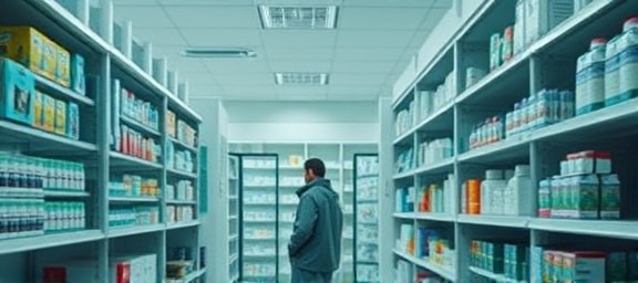 pharmacy interiors, calm atmosphere, checking inventory, photorealistic, well-lit shelves with varied products, highly detailed, subtle motion, high resolution, cool colors, daylight lighting, shot with an 18-55mm lens