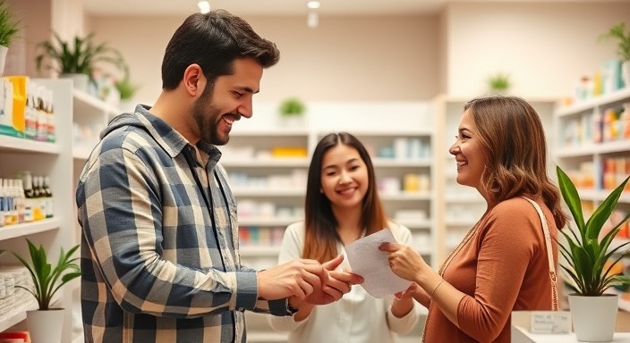 voice of a pharmacy brand, friendly expression, family picking up prescriptions, photorealistic, warm and inviting pharmacy with plant decor, highly detailed, family-friendly environment, neutral colors, bright and even lighting, shot with a 35mm lens