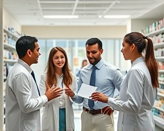 pharmacy marketing team, collaborative expressions, brainstorming ideas, photorealistic, modern office setting within pharmacy premises, highly detailed, active discussion, ultra sharp, neutral colors, ambient lighting, shot with a 35mm lens