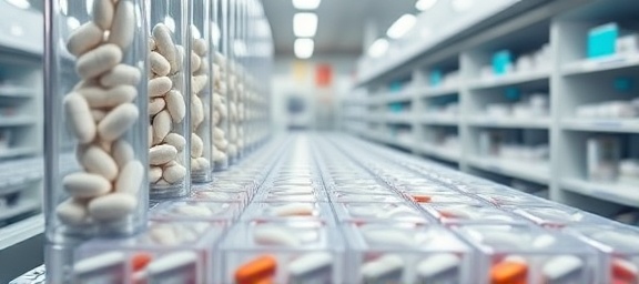 innovative pharmacy systems, accurate, sorting pills, photorealistic, state-of-the-art pharmacy with digital displays, highly detailed, pills moving through transparent tubes, precise focus, neutral colors, bright ambient lighting, shot with a 85mm lens.