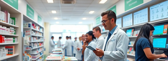 engaged pharmacy community, pharmacists enthusiastically helping, checking medication, photorealistic, a bustling pharmacy with informative posters and digital screens, highly detailed, people actively helping and learning, sharp texture, vibrant colors, daylight lighting, shot with a 24mm lens