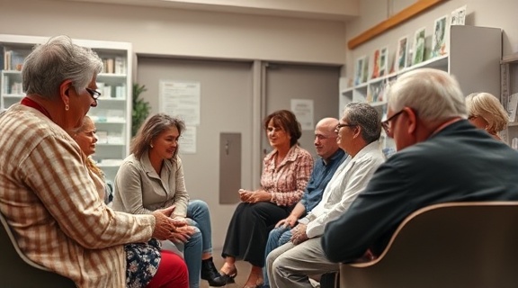 inclusive pharmacy engagement, people of varying ages, receiving information, photorealistic, a vibrant community center with a temporary pharmacy setup, highly detailed, pharmacists and community sitting and discussing, fine-grained texture, pastel colors, ambient indoor lighting, shot with a 50mm lens