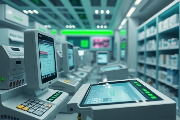 cutting-edge pharmacy devices, precise, preparing prescriptions, photorealistic, futuristic pharmacy environment with touchscreens, highly detailed, devices with LED indicators, high resolution, metallic and green hues, diffused soft lighting, shot with a 50mm lens.