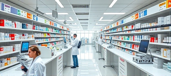 efficient pharmacy workflow, streamlined, scanning barcodes, photorealistic, orderly pharmacy with various stations, highly detailed, pharmacists and robots interacting, intricate details, balanced color palette, natural daylight, shot with a 24mm lens.