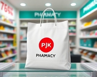 branded pharmacy bag, attractive design, placed on pharmacy counter, photorealistic, background with pharmacy logo and product displays, highly detailed, other promotional materials around, 8k resolution, clean colors, bright ambient lighting, shot with a 50mm lens