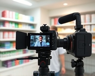 influential pharmacy review, diagnosing excellent service, capturing video review, photorealistic, video recording setup in consultation room, highly detailed, engaged reviewer, crystal clear image, warm and inviting colors, diffused lighting, shot with a 25mm lens