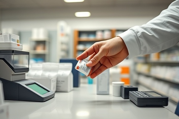 Pharmacy counter close-up, pharmacist's hand handing over medication, photorealistic, prescription bags and digital equipment visible, highly detailed, precise and professional movement, neutral color palette, bright ambient lighting, shot with a 35mm lens.