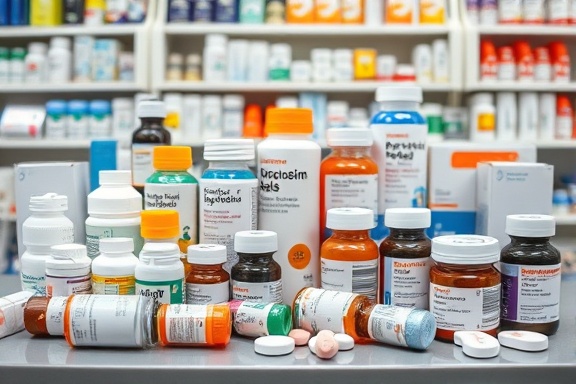 assorted pharmacy meds, varied, displayed on a counter, photorealistic, organized background with clear labeling and packaging details, highly detailed, diverse medications, pin-sharp, neutral colors, balanced lighting, shot with a 35mm prime lens.