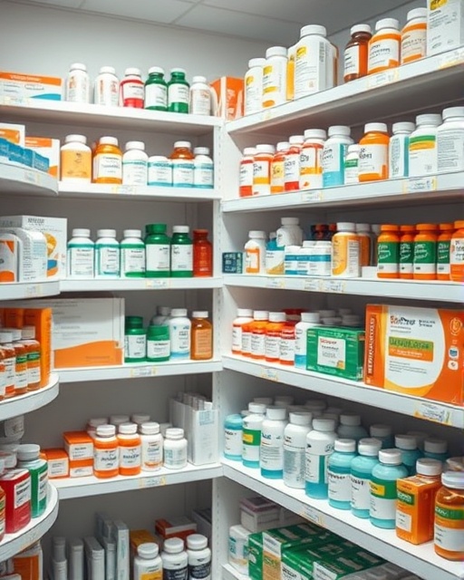 well-stocked pharmacy shelf, orderly, showcasing medications, photorealistic, neat background with clearly labeled products and price tags, highly detailed, dynamic arrangement, ultra-HD, warm colors, soft ambient lighting, shot with a macro lens.