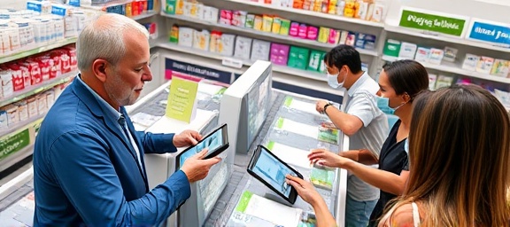 positive pharmacy feedback, showing appreciation, capturing customers leaving reviews, photorealistic, feedback counter with review cards and tablets, highly detailed, active customer participation, high clarity, vivid colors, overhead lighting, shot with a 24mm lens