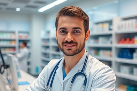 pharmacy brand, professional expression, pharmacist at the counter, photorealistic, modern pharmacy setting with tech gadgets, highly detailed, interactive technology, clean white and blue colors, cool-toned lighting, shot with a 50mm lens