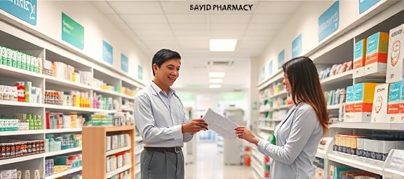 pharmacy advertisement, cheerful ambiance, handing a prescription, photorealistic, spacious store with promotional posters, highly detailed, lively atmosphere, high clarity, pastel colors, soft lighting, shot with a 28mm lens