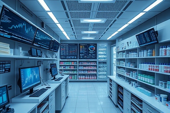 modern pharmacy AI systems, intelligent, analyzing data, photorealistic, high-tech pharmacy with multiple screens and data charts, highly detailed, dynamic graphs and digital interfaces, extremely sharp, cold neutrals, accent lighting, shot with a 35mm lens.