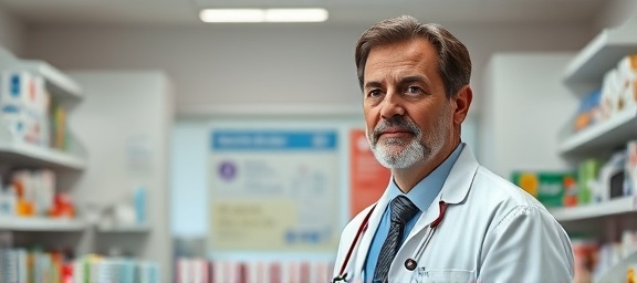 pharmacy voice, knowledgeable expression, pharmacist providing advice, photorealistic, tidy background with medical posters and brochures, highly detailed, calm ambiance, pastel tones, soft natural lighting, shot with a 50mm lens