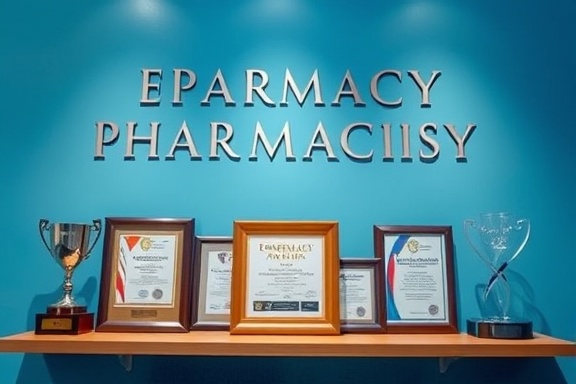 esteemed pharmacy reputation, highlighting awards, presenting accolades display, photorealistic, award shelf with certificates and trophies, highly detailed, prideful staff, sharp and bright image, soft blue tones, spotlight lighting, shot with a 70mm lens