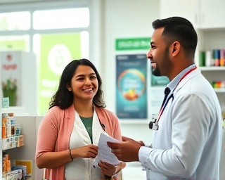 happy customer, satisfied expression, picking up prescription, photorealistic, pharmacy backdrop with promotional posters, highly detailed, pharmacist assisting, 4k resolution, rich colors, sunlight streaming through windows, shot with a 85mm lens