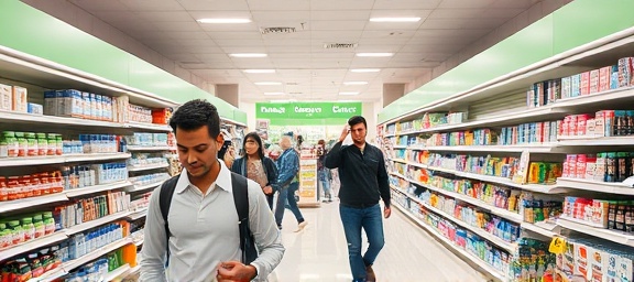 pharmacy brand, vibrant expression, customers browsing aisles, photorealistic, spacious pharmacy with wide aisles and product displays, highly detailed, dynamic movement, bright and crisp colors, overhead LED lighting, shot with a 24mm lens