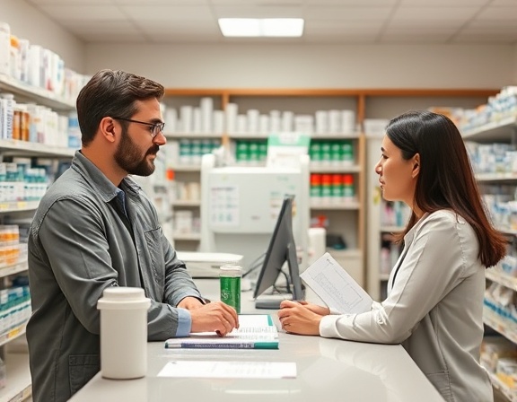 pharmacy counter, pharmacist assisting a customer, consulting, photorealistic, clinical environment with essential equipment, highly detailed, prescription forms and medical charts, neutral colors, soft indoor lighting, shot with a 50mm prime lens