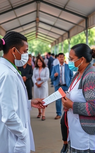 supportive pharmacy outreach, pharmacists engaging the community, conducting health checks, photorealistic, a community event at an outdoor pavilion with informational stalls, highly detailed, people moving and interacting, distinctive texture, vivid colors, naturally diffused lighting, shot with a 70-200mm lens