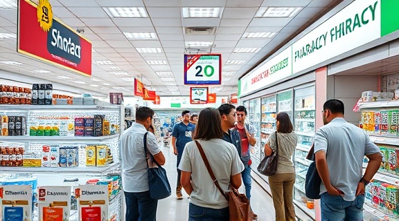 pharmacy marketing display, customers observing, engaging, photorealistic, promotional stands with special offers, highly detailed, colorful product placements and banners, energetic atmosphere, diffused lighting, shot with a 24mm wide-angle lens