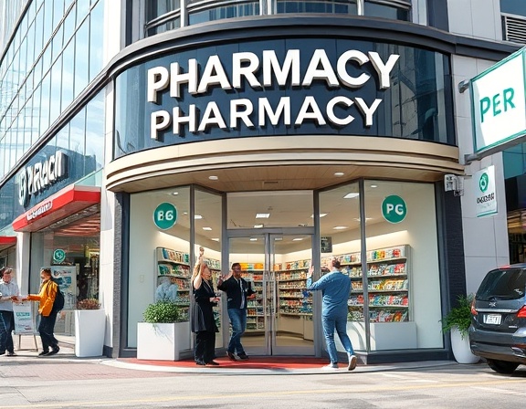 Modern pharmacy exterior, friendly staff waving at customers, photorealistic, storefront with clear signage and inviting entrance, highly detailed, bustling city street, bright and cheerful colors, daylight lighting, shot with a wide-angle lens.