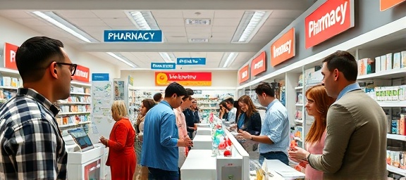 busy pharmacy, engaged expressions, serving multiple customers, photorealistic, modern store layout with signage, highly detailed, people in motion, ultra HD, diverse colors, overhead lighting, shot with a 24mm lens