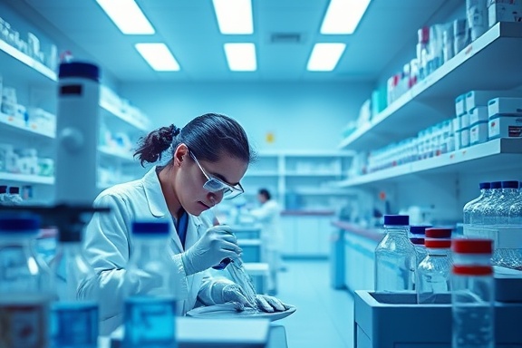 state-of-the-art pharmacy lab, focused, conducting experiments, photorealistic, sterile background with modern lab equipment and safety signs, highly detailed, active research, super crisp, cool blue tones, bright fluorescent lighting, shot with a wide-angle lens.