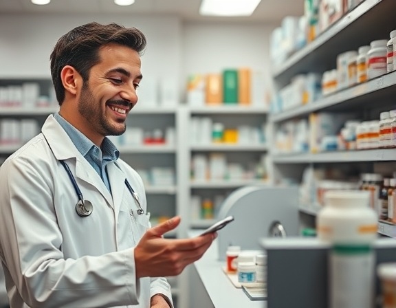 friendly pharmacist, smiling face, explaining medication, photorealistic, neatly arranged counter with medicines in the background, highly detailed, dynamic interaction, crisp image, warm colors, natural lighting, shot with a 35mm lens