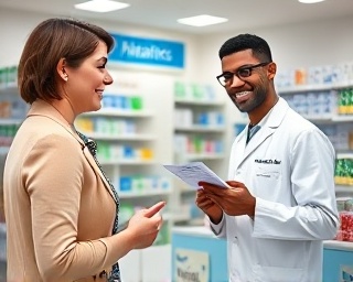 smiling pharmacist, confident expression, explaining medicine usage to a customer, photorealistic, pharmacy counter with branding materials, highly detailed, customer holding prescription, 8k resolution, professional colors, even lighting, shot with a 35mm lens