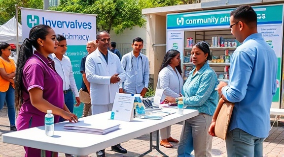 Community pharmacy event, pharmacists providing free health checks, photorealistic, outdoor setup with tables, banners, and medical supplies, highly detailed, dynamic interaction and engaged community members, vibrant and lively colors, natural sunlight, shot with a 24-70mm lens.