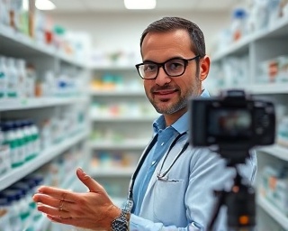 pharmacy video shooting, focused expression, explaining products on video, photorealistic, professional studio setup within a pharmacy, highly detailed, video recording equipment, high quality, natural colors, softbox lighting, shot with a 24-70mm lens