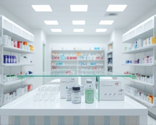 modern pharmaceutical setup, professional look, organizing counter, photorealistic, clean and bright pharmacy interiors, highly detailed, elements in motion, crystal clear, sterile white colors, reflective lighting, shot with a 40mm lens