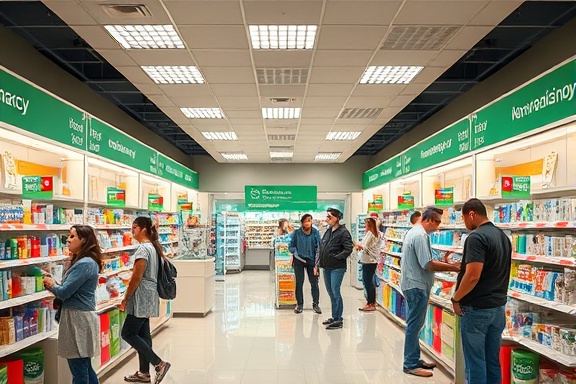 modern pharmacy, customers checking out, purchasing, photorealistic, well-organized store with clear signage, highly detailed, employees assisting customers, calm ambiance, bright lighting, shot with a 24mm wide-angle lens