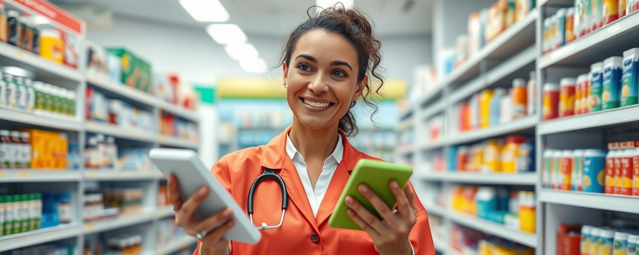 friendly pharmacy consultant, approachable expression, explaining products, photorealistic, in a well-lit contemporary pharmacy interior with organized shelves, highly detailed, dynamic hand movements, sharp focus, bright and welcoming colors, diffused soft lighting, shot with a 50mm lens