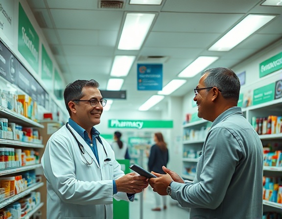 pharmacy brand, welcoming expression, pharmacist assisting a customer, photorealistic, well-lit pharmacy with informative signage, highly detailed, vibrant activity, rich colors, bright fluorescent lighting, shot with a 35mm lens