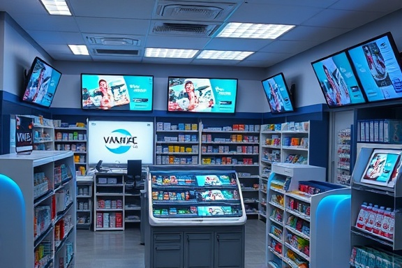 pharmacy digital marketing, attractive visuals, showcasing services, photorealistic, digital screens displaying ads in a pharmacy setting, highly detailed, tech-savvy environment, high definition, vivid colors, LED lighting, shot with a 30mm lens