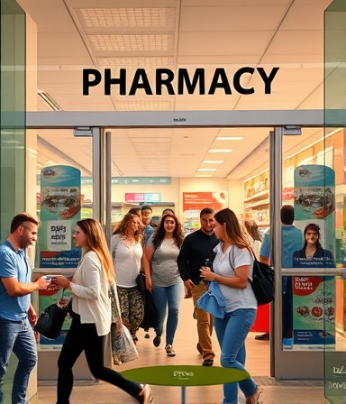 pharmacy entrance, people entering and leaving, bustling, photorealistic, glass doors with promotional posters, highly detailed, diverse group of customers, warm tones, afternoon sunlight, shot with a 28mm wide-angle lens