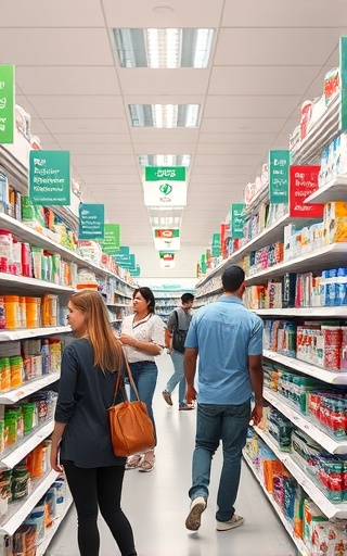 pharmacy aisles, customers exploring, choosing products, photorealistic, stocked shelves with various healthcare items, highly detailed, informative signs and price tags, varied product colors, bright and even lighting, shot with a 35mm prime lens