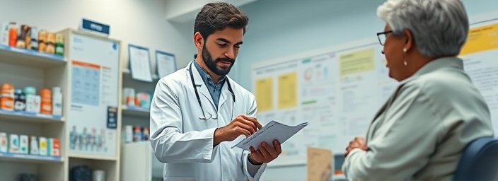 Pharmacy consultation room, attentive pharmacist explaining medication to a patient, photorealistic, neatly arranged consultation area with posters and medical charts, highly detailed, genuine empathy and care, calming pastel colors, soft lighting, shot with a macro lens.