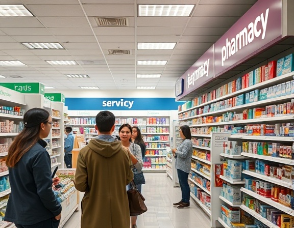 reliable pharmacy review, indicating customer satisfaction, showing people discussing services, photorealistic, well-organized store with bright signage, highly detailed, bustling environment, high-resolution image, deep colors, soft lighting, shot with a 35mm lens