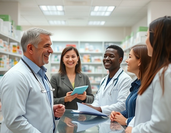 diverse pharmacy interaction, smiling customers, receiving medical advice, photorealistic, a clean and organized pharmacy interior with a consultation area, highly detailed, pharmacists and customers interacting dynamically, crisp and clear texture, neutral colors, balanced lighting, shot with a 35mm lens