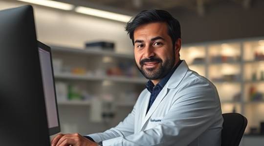 sleek pharmacy branding, confident expression, finalizing a design, photorealistic, minimalistic design studio, highly detailed, computer screens glowing, ISO 400, neutral colors, studio lighting, shot with a 85mm lens