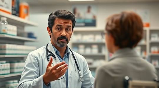 engaging pharmacy ad, earnest expression, explaining medication, photorealistic, consultation room, highly detailed, medical posters, ISO 250, natural light filtering in, shot with a 35mm lens