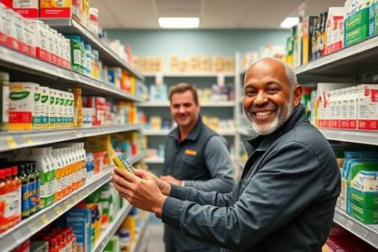 dynamic pharmacy social post, smiling expression, restocking shelves, photorealistic, community-centered pharmacy, highly detailed, products prominently displayed, ISO 300, vibrant colors, diffused lighting, shot with a 50mm lens