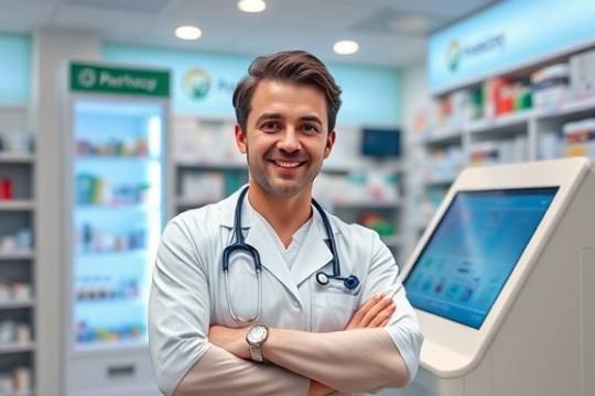 attractive pharmacy digital campaign, proud expression, showcasing new services, photorealistic, interactive digital kiosk, highly detailed, touchscreens glowing, ISO 360, bright and clean, LED lighting, shot with a 50mm lens